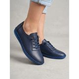 Beren Hakiki Deri Lacivert Kadın Yürüyüş Ayakkabı Ortopedik Taban Düz Esnek Bağcıklı Comfort Sneaker - 001-Lacivert