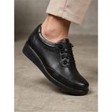 Beren Hakiki Deri Siyah Kadın Ayakkabı Ortopedik Dolgu Taban Düz Esnek Bağcıklı Comfort Casual Sneaker