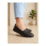 BEREN Hakiki Deri Siyah Kadın Babet Ortopedik Taban Lazer Delikli Slip-On Comfort Ayakkabı