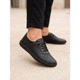 BEREN Hakiki Deri Siyah Kadın Yürüyüş Ayakkabı Lazer Delikli Ortopedik Taban Elastik Bağcıklı Comfort Sneaker 41 703-4