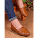 BEREN Hakiki Deri Taba Kadın Babet Ortopedik Taban Düz Motifli Slip-On Comfort Ayakkabı 706