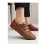 BEREN Hakiki Deri Taba Kadın Yürüyüş Ayakkabı Lazer Delikli Ortopedik Taban Elastik Bağcıklı Comfort Sneaker