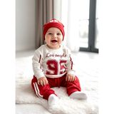 Beren Mevsimlik Erkek Bebek %100 Pamuklu 3'lü Takım Los Angeles Baskılı Şapkalı Sweatshirt Pantolon Takım - 00Kırmızı - 9 - 12 Ay