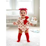 Beren Minicayzen %100 Pamuk Kalp Desenli Kız Bebek 3'lü Set Romper+Bandana+Çorap - 00-Kırmızı - 9 - 12 Ay