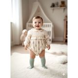 Beren Minicayzen Vintage Kız Bebek Müslin Çiçekli Tulum ve Ajurlu Dizaltı Çorap 2'li Dantelli Romper Takım - 004-Yeşil - 9 - 12 Ay