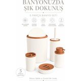 Beren Shop 5 Parça Beyaz Çizgili Banyo Seti Çöp Kovası Klozet Fırçası Sıvı Sabunluk Diş Fırçalık Sabunluk