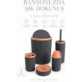 Beren Shop 5 Parça Gri Çizgili Banyo Seti Çöp Kovası Klozet Fırçası Sıvı Sabunluk Diş Fırçalık Sabunluk