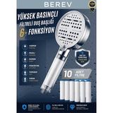 Berev 6 Fonksiyonlu Filtreli Duş Başlığı Krom Renk (10ADET Yedek Filtre)| Su Arıtmalı, Klor ve Kireç Önleyici, Yüksek Basınçlı
