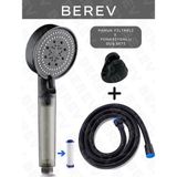 Berev Filtreli 5 Fonksiyonlu Siyah Yüksek Basınçlı Ayarlanabilir Duş Başlığı 150 cm Siyah Hortum Mafsallı Set