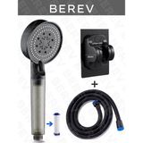 Berev Filtreli 5 Fonksiyonlu Yüksek Basınçlı Ayarlanabilir Duş Başlığı 150 cm Siyah Hortum Yapışkanlı Duş Başlığı Askısı Mafsal Siyah