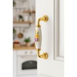 BERFİNO 5'li Hakiki Porselen Dolap Çekmece Kulp – 5’li Paket, Altın Kaplama, Çiçek Desenli, 96 mm kulp