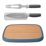 BergHoff Leo 18/10 Paslanmaz Çelik Bambu Kesme Tahtası ve 2 Parça Bıçak ve Servis Çatalı Seti