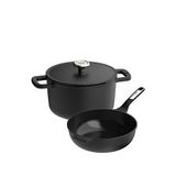Berghoff Leo Phantom Döküm Yapışmaz Kapaklı Derin Tencere Ve Yapışmaz Wok Tava 24 + 28 Cm - Siyah