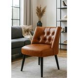 Berjer Sandalye - Kapitoneli Suni Deri - Siyah Ahşap Ayaklı - Modern Retro Tasarım (Taba Kahverengi)