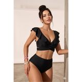 Bermody Fırfırlı Yüksek Bel Siyah V Yaka Çapraz Bağlamalı 2Parça Bikini-Mayo Takımı