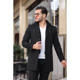 Bermuda Erkek Siyah Slim Çıkarılabilir Kapüşonlu Önü Fermuarlı ve Düğmeli Kaşe Kaban - XL