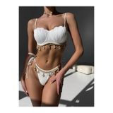 Bernato İTHAL A KALİTE Deniz Kabuğu Aksesuarlı Beyaz Dolgulu Bikini Takımı Balenli Toparlayıcı Kadın Mayo