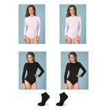 Berrak Kadın Uzun Kollu Alttan Çıtçıtlı Bady, 4'lü Set, Bambu Çorap Hediyeli, Beyaz, XS/S