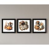 Bertekdijital Vintage Kahve Temalı 3'lü Çerçeveli Duvar Sanatı Seti, 20x20 Cm, Parlak Baskı, Eskitilmiş Ahşap Görünümlü Turkuaz Patinalı Çerçeve, Ev Dekorasyonu İçin