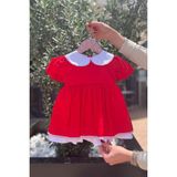 Bertuğ Bebek Beyaz Yaka Dantel Kırmızı Kısa Kollu Kız Bebek Elbise - 9 - 12 Ay