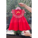 Bertuğ Bebek Çiçekli Fırfır ve Kurdele Detaylı Kırmızı Kız Çocuk Bebek Poplin Elbise - 6 Yaş
