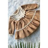 Bertuğ Bebek Dantel ve Düğme Detaylı Özel Tasarım Camel Kahve Abiye Kız Çocuk Bebek Elbise - 7 Yaş