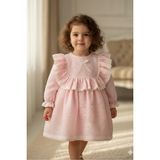 Bertuğ Bebek Dantelli ve Fırfırlı Kabartmalı Krep Pembe Kız Çocuk Bebek Elbise - 4 Yaş