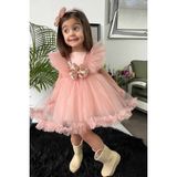 Bertuğ Bebek Pul Payet Süslemeli Kabarık Tül Etek Tütü Kız Çocuk Bebek Abiye Elbise - 6 Yaş - Somon