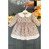 Bertuğ Bebek Rokoko Çiçek Desenli Kız Çocuk Bebek Dantelli Renkli Pamuk Elbise - Pembe - 5 Yaş