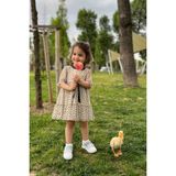 Bertuğ Bebek Siyah Kurdele Detaylı Çiçekli Şifon Tüllü Kız Çocuk Bebek Elbise - Krem - 3 Yaş