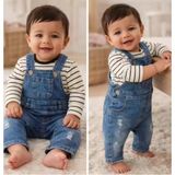 Beruflic 6-18 Ay Çizgili Badili Kot Salopet Bebek Takımı - 9 Ay - Mavi