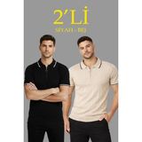 Beruflic Erkek 2’li Paket Dokuma Triko Fermuarlı Yakalı Fitilli Kısa Kollu Regular Fit Tişört - Bej - Bej -Siyah - XL