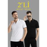 Beruflic Erkek 2’li Paket Triko Yakalı Düğmesiz Açık Yaka Fitilli Kısa Kollu Regular Fit Tişört - B - Beyaz - Siyah - 2XL