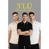 Beruflic Erkek 3’lü Paket Dokuma Triko Fermuarlı Yakalı Fitilli Kısa Kollu Regular Fit Tişört - Bej - Bej - Beyaz - Siyah - 2XL