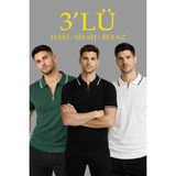 Beruflic Erkek 3’lü Paket Dokuma Triko Fermuarlı Yakalı Fitilli Kısa Kollu Regular Fit Tişört - Bey - Beyaz - Haki - Siyah