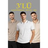 Beruflic Erkek 3’lü Paket Dokuma Triko Fermuarlı Yakalı Fitilli Kısa Kollu Regular Fit Tişört - Kah - 2XL
