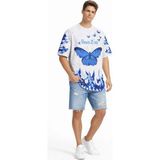 Beruflic Erkek Asit Yıkamalı Oversize Tişört Mavi Kelebek Baskılı Dijital Print Bisiklet Yaka Streetwear Tshirt - Beyaz - XL
