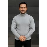 Beruflic Erkek Balıkcı Yaka Bağazlı Triko Kazak Pamuklu Kalın Fitilli Dokuma, Regular Fit Uzun Kollu Kı - Gri - XL