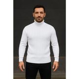 Beruflic Erkek Balıkcı Yaka Bağazlı Triko Kazak Pamuklu Kalın Fitilli Dokuma, Regular Fit Uzun Kollu Kı - Saks Mavisi - Beyaz - 2XL