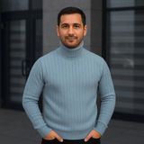 Beruflic Erkek Balıkcı Yaka Bağazlı Triko Kazak Pamuklu Kalın Fitilli Dokuma, Regular Fit Uzun Kollu Kışlık Model - Bebe Mavisi - XL
