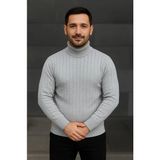 Beruflic Erkek Balıkcı Yaka Bağazlı Triko Kazak Pamuklu Kalın Fitilli Dokuma, Regular Fit Uzun Kollu Kışlık Model - Gri