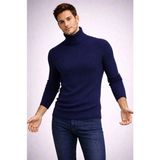Beruflic Erkek Balıkcı Yaka Bağazlı Triko Kazak Pamuklu Kalın Fitilli Dokuma, Regular Fit Uzun Kollu Kışlık Model - Lacivert - XL