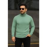 Beruflic Erkek Balıkcı Yaka Bağazlı Triko Kazak Pamuklu Kalın Fitilli Dokuma, Regular Fit Uzun Kollu Kışlık Model - Mint Yeşili - S