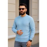 Beruflic Erkek Bisiklet Yuvarlak Yaka Triko Kazak Pamuklu Kalın Fitilli Dokuma, Regular Fit Uzun Kollu Kış - Bebe Mavisi