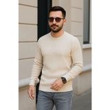 Beruflic Erkek Bisiklet Yuvarlak Yaka Triko Kazak Pamuklu Kalın Fitilli Dokuma, Regular Fit Uzun Kollu Kışlık Model - Bej - 2XL
