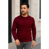 Beruflic Erkek Bisiklet Yuvarlak Yaka Triko Kazak Pamuklu Kalın Fitilli Dokuma, Regular Fit Uzun Kollu Kışlık Model - Bordo - XL
