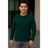 Beruflic Erkek Bisiklet Yuvarlak Yaka Triko Kazak Pamuklu Kalın Fitilli Dokuma, Regular Fit Uzun Kollu Kışlık Model - Haki - 2XL