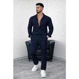Beruflic Erkek Çizgili Krep Kumaş Krem Gömlek Pantolon Alt Üst Takım Uzun Kollu - Lacivert - XL - 1 Drop