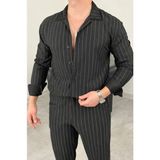 Beruflic Erkek Çizgili Krep Kumaş Krem Gömlek Pantolon Alt Üst Takım Uzun Kollu - Siyah - 2XL - 1 Drop