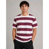 Beruflic Erkek Çizgili Oversize Tişört Bisiklet Yaka Kısa Kol Yazlık T-Shirt - Bordo - M